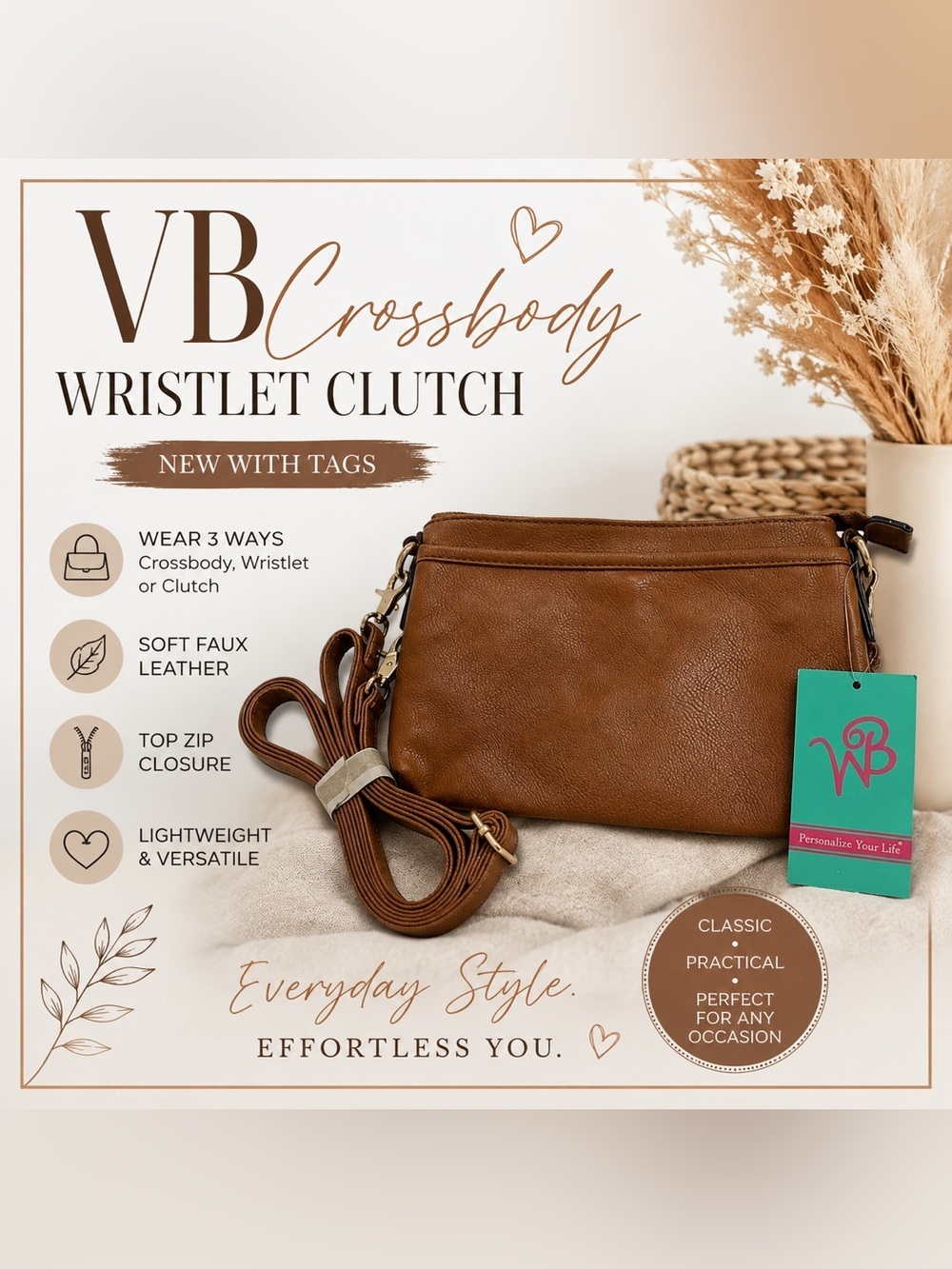 Women's Brown Faux Leather Crossbody Clutch Wristlet